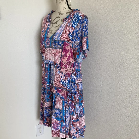 By Anthropologie Robin Tiered Mini Dress L Boho Floral Festival Flowy Patchwork - Picture 11 of 17
